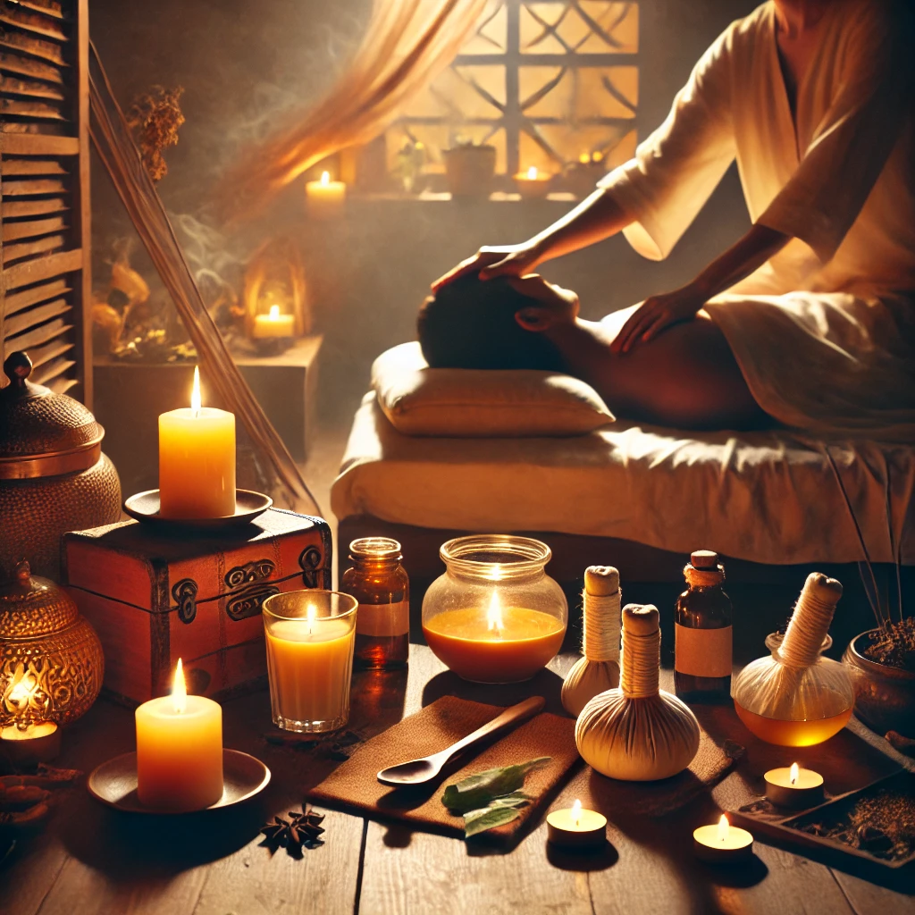 DALL·E 2025-03-25 21.03.24 - A peaceful nighttime Ayurvedic scene_ a cozy bedroom lit with warm candlelight, a person receiving a head massage with Ayurvedic oils, surrounded by